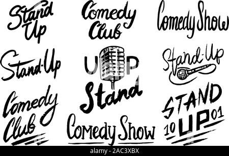 Lettering Stand Up. Testo calligrafico comedy show. Incisi disegnati a mano nel vecchio vintage schizzo per poster, badge web, etichette, emblema o logo. Isolato Illustrazione Vettoriale