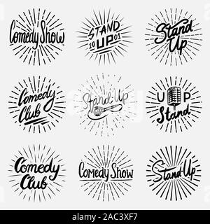 Lettering Stand Up set. Testo calligrafico comedy show. Incisi disegnati a mano nel vecchio vintage schizzo per poster, badge web, etichette, emblema o il logo Illustrazione Vettoriale