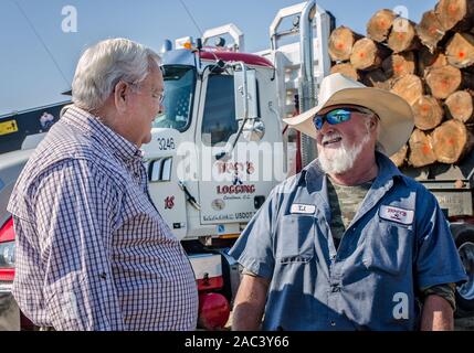 Tracy Gunter Jr., proprietario di Tracy di logging, colloqui con un autista che si prepara a prendere un carico di loblolly pine per un Georgia-Pacific impianto. Foto Stock