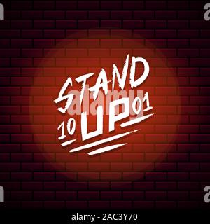 Lettering Stand Up. Testo calligrafico comedy show. Incisi disegnati a mano nel vecchio vintage schizzo per poster, badge web, etichetta, emblema o il logo. Concetto su Illustrazione Vettoriale