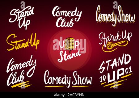Lettering Stand Up. Testo calligrafico comedy show. Incisi disegnati a mano nel vecchio vintage schizzo per poster, badge web, etichette, emblema o logo. Isolato Illustrazione Vettoriale
