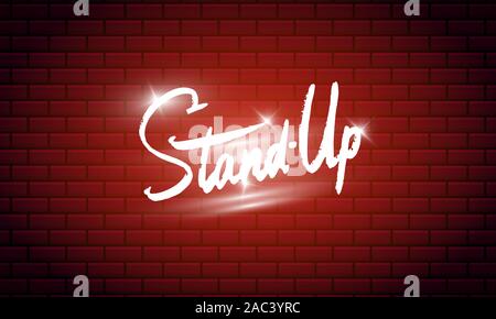 Lettering Stand Up. Testo calligrafico comedy show. Incisi disegnati a mano nel vecchio vintage schizzo per poster, badge web, etichetta, emblema o il logo. Concetto su Illustrazione Vettoriale