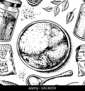 Sale marino seamless pattern. Le bottiglie di vetro, confezionamento e e foglie, cucchiai di legno, polvere di polvere, spice in mano. Vintage poster di sfondo Illustrazione Vettoriale