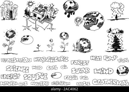 Molti disegnati a mano schizzi di temi riguardanti la natura e l ambiente e l'ecologia e l'energia e il pianeta terra Illustrazione Vettoriale