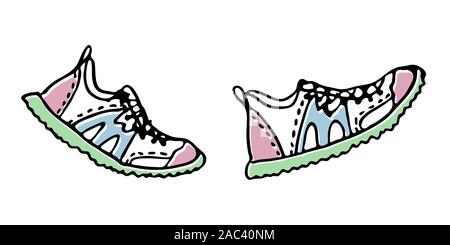 Disegnata a mano sneakers su sfondo bianco. Sport la motivazione. Eseguire il concetto. Illustrazione Vettoriale Illustrazione Vettoriale