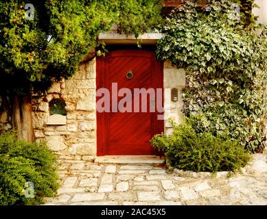 Porta rossa in legno su un edificio rustico in pietra circondato da arbusti da arrampicata. Foto Stock