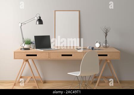 Area di lavoro con poster verticale mock up sul banco. Scrivania con cassetti in interno di studio o a casa con pareti bianche. Percorso di clipping intorno poste Foto Stock