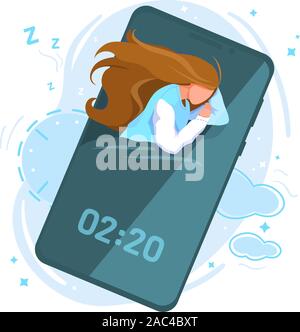 Un sano sonno umano stadi del ciclo vettore illustrazione piatta su sfondo bianco. Ragazza dorme con lo smartphone. Concetto di media sociali della tossicodipendenza. Smart sveglia app mobile sullo schermo del telefono. Software Gadget Illustrazione Vettoriale