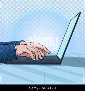 Imprenditori la gente di affari la mano che viene digitato sulla tastiera del computer Illustrazione Vettore sulla pop art in stile fumetto astratto sfondo punti Illustrazione Vettoriale