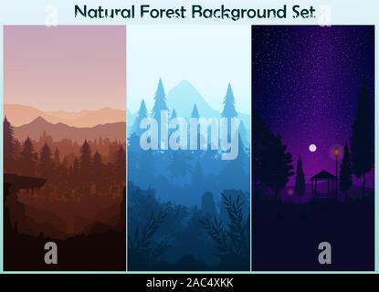 Set di pino naturale Foresta Montagne Paesaggio orizzonte sfondo impostare gli orari di alba e tramonto della luna di luce illustrazione vettore sole stile colorato Illustrazione Vettoriale