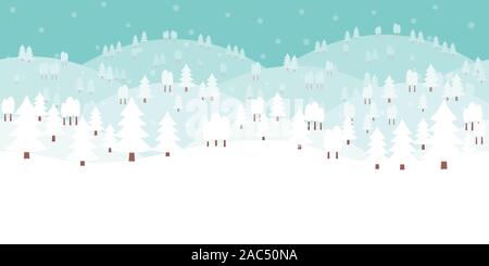 Panoramica senza giunture orizzontali di sfondo bianco inverno scena con alberi di pino, colline, montagne e la caduta di fiocco di neve in appartamento in stile cartone animato Illustrazione Vettoriale