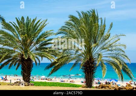 La Folla di beachgoers al Hapuna Beach, lungo costa Kohala della Big Island. Questa spiaggia di sabbia bianca è stata considerata una delle migliori spiagge del mondo ti Foto Stock