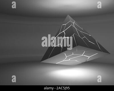 Abstract di nero piramide battenti oggetto incandescente con la frammentazione caotica crepe è in un vuoto interiore scuro, rendering 3D illustrazione Foto Stock