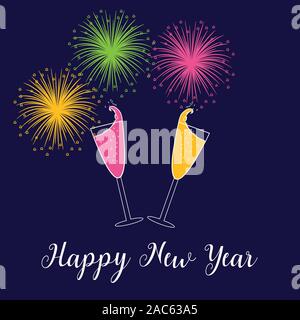 Posizionamento del vettore stampa di Felice Anno Nuovo con fuochi d'artificio luminoso , champagne e testo. Illustrazione Vettoriale