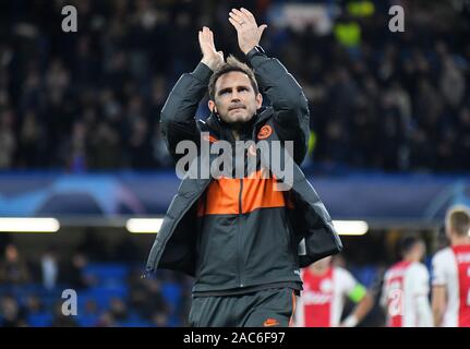 Londra, Inghilterra - 5 Novembre 2019: Chelsea manager Frank Lampard nella foto dopo il 2019/20 UEFA Champions League Gruppo H gioco tra Chelsea FC (Inghilterra) e AFC Ajax (Paesi Bassi) a Stamford Bridge. Foto Stock