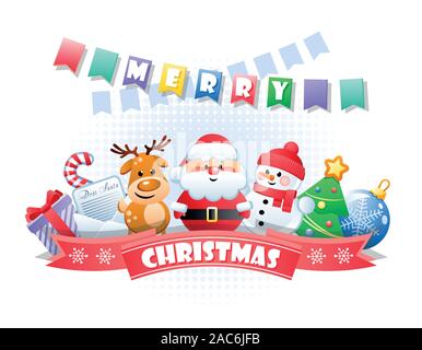 Auguri di Buon Natale. Biglietto di auguri con simpatici personaggi dei cartoni animati e elementi di festa. Illustrazione Vettoriale. Illustrazione Vettoriale