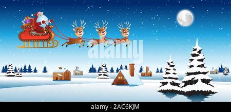 Babbo Natale Sleigh Ride con i cervi sorvolare village per inviare dono a tutti,illustrazione vettoriale Illustrazione Vettoriale
