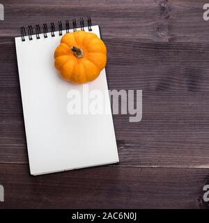 Zucche arancione , vista dall'alto sul legno bruno sfondo , web banner con spazio di copia Foto Stock