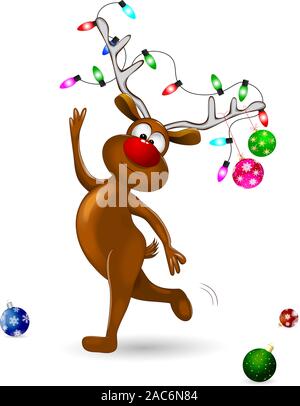 Deer decorata con albero di Natale decorazioni su uno sfondo bianco. Illustrazione Vettoriale