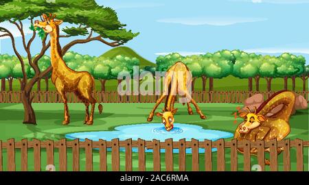In scena con le giraffe allo zoo illustrazione Illustrazione Vettoriale