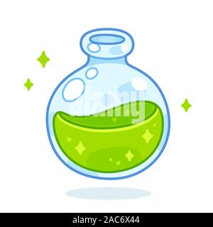 Cartoon carino bottiglia di veleno disegno. Green pozione magica in flaconcino di vetro, classico gioco video voce. Vettore isolato clip art illustrazione. Illustrazione Vettoriale