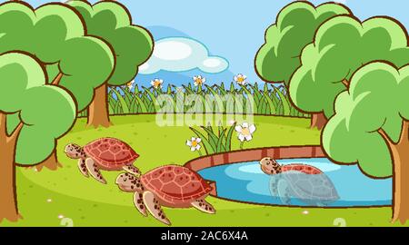 In scena con la tartaruga nello stagno illustrazione Illustrazione Vettoriale