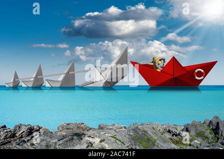 Salvataggio e concetto di leadership, una carta di colore rosso barca della guardia costiera salvataggi di quattro barche di bianco che stanno sprofondando in un mare turchese con cielo blu e nuvole Foto Stock
