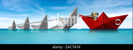 Salvataggio e concetto di Leadership, carta rossa barca della guardia costiera salvataggi di quattro barche di bianco che stanno sprofondando in un mare turchese con cielo blu e nuvole Foto Stock