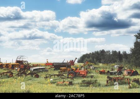 A junkyard di vecchie e arrugginite assortimento di attrezzature agricole in alti erba verde sotto un nuvoloso cielo azzurro in un pomeriggio di estate paesaggio Foto Stock