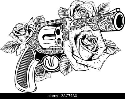 Pistole e rose fiori disegnati in stile tatuaggio. illustrazione. Illustrazione Vettoriale