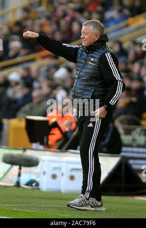 Wolverhampton, Regno Unito. 01 Dic, 2019. Sheffield Regno Manager Chris Wilder incarica i suoi giocatori da toccare la linea. Premier league, Wolverhampton Wanderers v Sheffield Utd a Molineux Stadium di Wolverhampton domenica 1 dicembre 2019. Questa immagine può essere utilizzata solo per scopi editoriali. Solo uso editoriale, è richiesta una licenza per uso commerciale. Nessun uso in scommesse, giochi o un singolo giocatore/club/league pubblicazioni. pic da Steffan Bowen/Andrew Orchard fotografia sportiva/Alamy Live news Credito: Andrew Orchard fotografia sportiva/Alamy Live News Foto Stock