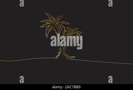 Golden disegno schizzo di palme di cocco. Palm tree landscape design illustrazione vettoriale Illustrazione Vettoriale