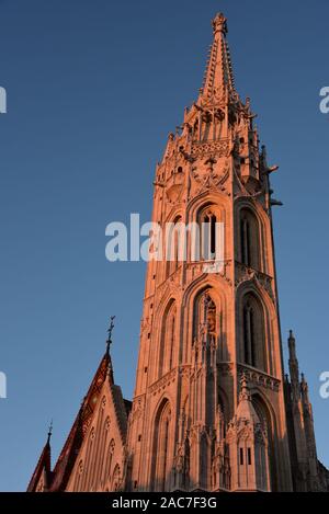 Il magnifico campanile della Chiesa Mátyás incandescente nel tardo pomeriggio di sole, la chiesa parrocchiale di Nostra Signora Maria, Budapest, Ungheria, l'Europa. Foto Stock