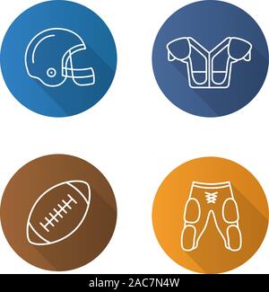 American Football attrezzatura. Lineare piana lunga ombra set di icone. Casco, supporto da spalla a sfere, shorts. Linea del vettore illustrazione Illustrazione Vettoriale