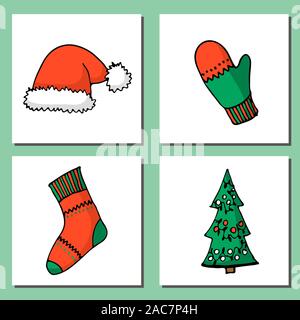 Doodle Carte di Natale Set. Carino disegnato a mano gli elementi di design per voi. Auguriamo a tutti un Buon Natale e un nuovo anno di simboli. Illustrazione Vettoriale Illustrazione Vettoriale