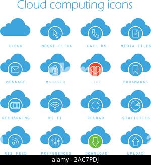 Il cloud computing set di icone. Web Storage silhouette simboli. Clic del mouse, segnalibri, statistiche, ricarica, wifi, download e upload di web hosting symbo Illustrazione Vettoriale