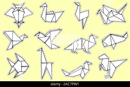 Origami animali collezione. Disegnata a mano origami doodle set. È possibile utilizzare ad esempio un logo, icona o un adesivo. In stile minimalista illustrazione vettoriale Illustrazione Vettoriale