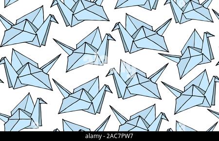 Modello senza cuciture con disegnati a mano gru Origami. Cartoon ornamento con uccelli. Carino doodle illustrazione vettoriale. Illustrazione Vettoriale