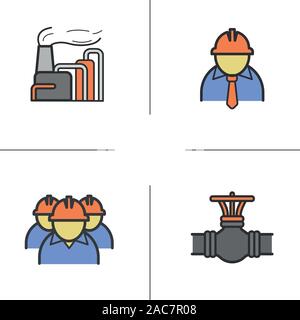 Complesso industriale e le icone a colori set. Fabbrica chimica, capo e dei lavoratori, la tubazione del gas valvola. Isolato illustrazioni vettoriali Illustrazione Vettoriale