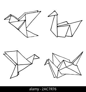 Origami doodle semplice set. Raccolta con quattro disegnati a mano uccelli origami gru, swan, colibri e colomba. Geometrica logo minimalista o icona. Illustrazione Vettoriale Illustrazione Vettoriale
