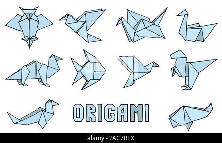 Origami animali collezione. Disegnata a mano origami doodle set. È possibile utilizzare ad esempio un logo, icona o un adesivo. In stile minimalista illustrazione vettoriale Illustrazione Vettoriale