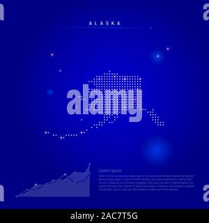 Alaska stato Usa mappa illuminato con puntini luminosi. Elementi Infographics. Blu scuro dello sfondo spazio. illustrazione. Diagramma di crescente, lorem ipsum testo. Foto Stock