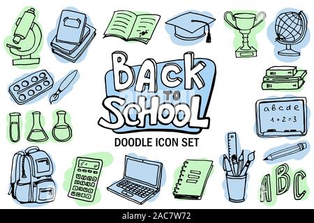 Si torna a scuola icon set. Doodle elementi. Lettering e forniture scolastiche schizzo collezione. Illustrazione Vettoriale. Illustrazione Vettoriale
