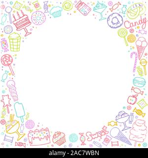Negozio di dolciumi doodle sfondo. Telaio con i dolci. Raccolta di caramelle, torte, dolci, gelati e dessert. Disegnata a mano sullo sfondo. Illustrazioni vettoriali. Illustrazione Vettoriale