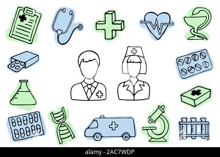 Il più bello di medicina doodle icona impostare per il vostro design. Disegnata a mano health care, farmacia, medico cartoon raccolta di icone. Illustrazioni vettoriali eps 10. Illustrazione Vettoriale