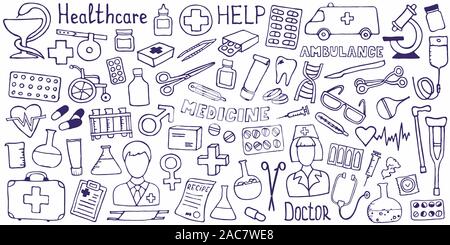 Il più bello di medicina doodle icona impostare per il vostro design. Disegnata a mano health care, farmacia, medico cartoon raccolta di icone. Illustrazioni vettoriali eps 10. Illustrazione Vettoriale