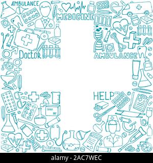 Concetto medico - croce. Il più bello di medicina doodle icona impostare per il vostro design. Disegnata a mano health care, farmacia, medico cartoon simboli. Illustrazioni vettoriali eps 10. Illustrazione Vettoriale