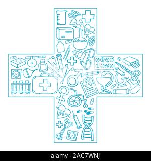 Simbolo di medici - croce. Il più bello di medicina doodle icona impostare per il vostro design. Disegnata a mano health care, farmacia, medico cartoon emblema. Illustrazioni vettoriali eps 10. Illustrazione Vettoriale