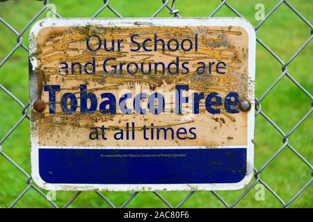 Un segno libero di tabacco su una recinzione di collegamento della catena della scuola. Bassa terra, British Columbia, Canada Foto Stock