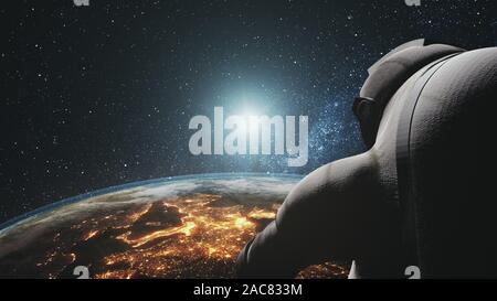 Cosmonauta guardando realistico pianeta orbita terrestre. Sunrise over mainlands illuminato. Astronauta vista posteriore. 3D render animazione. La scienza, concetto tecnologico. Gli elementi di questo media arredate dalla NASA. Foto Stock